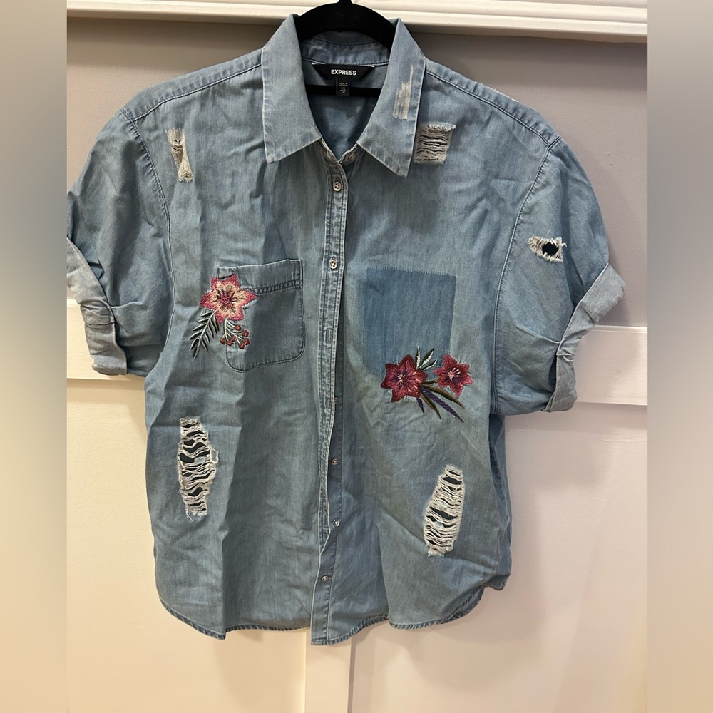 Express Blue Denim Shirt with Red Floral Accents